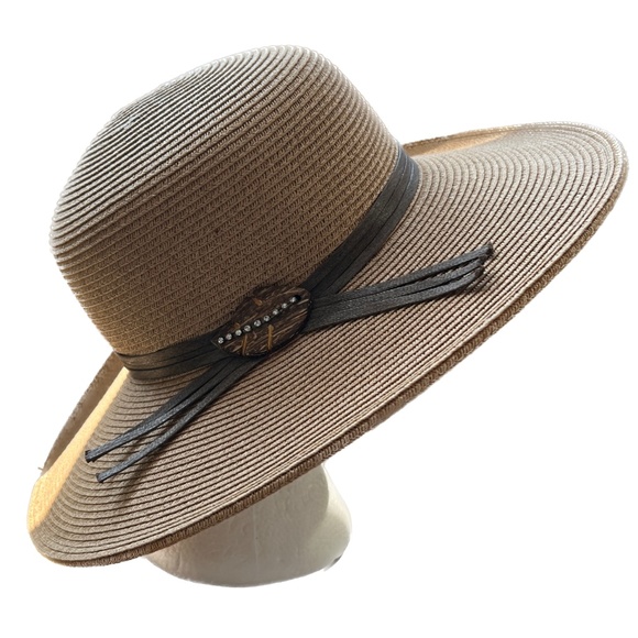 Cappelli Straworld Sun Hat Wide Brim Wooden Leaf Band Stylish Boho One Size - P - Picture 1 of 6